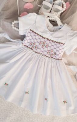 White Hand-Smocked Embroidered Baby Girl Dress. Celebration Dress. Sunday Dress.