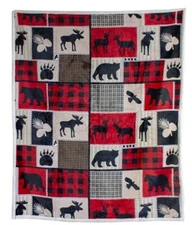 New Flannel Lodge Life Sherpa Gift Plush Throw Blanket Rustic Red Moose Bear NIP