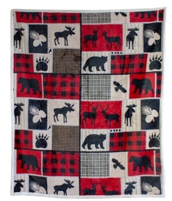 New Flannel Lodge Life Sherpa Gift Plush Throw Blanket Rustic Red Moose Bear NIP