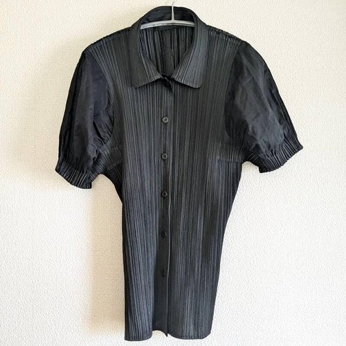 Issey Miyake Pleats Please Women's Blouse Tops Short Sleeve Button Black Ladies - Picture 4 of 6