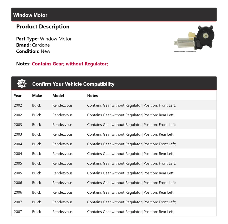 Для 2002-2007 Buick Rendezvous окно мотор Cardone 2003 2004 2005 2006 - Изображение 2 из 4