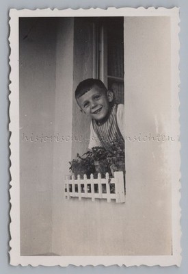 Boy Looking Cheerfully Out of House 1936 - Vintage Photo 1930s