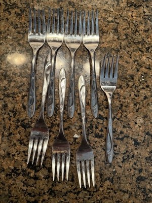 Lot Of 8 6'' Americana fork Star Starburst Stainless Atomic Star Vintage