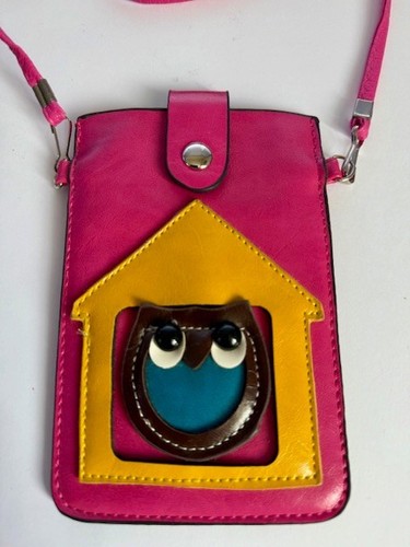 Owl Leather Mobile Phone Pouch Case with Strap Pink