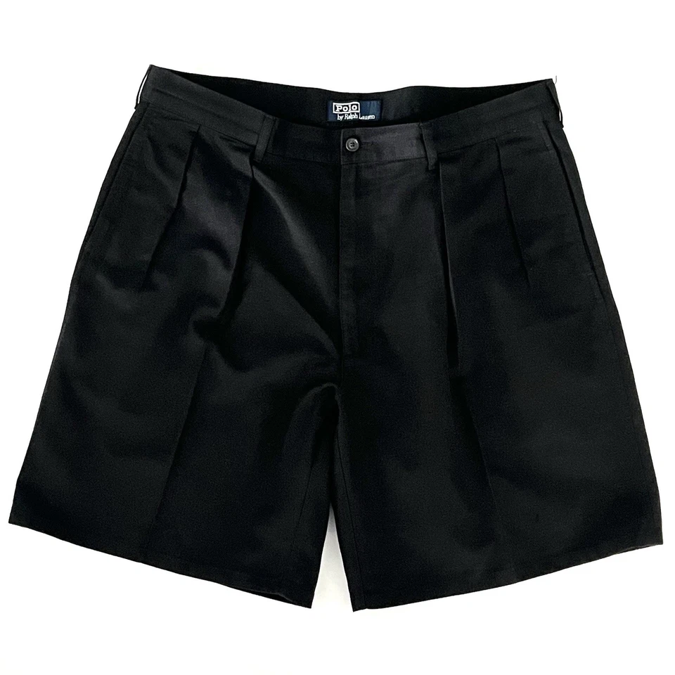 Vintage 90s POLO Ralph Lauren Black Cotton/Linen 9" Pleated Bermuda Shorts sz 38