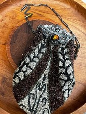 Antique Victorian Beaded Reticule Purse 8x5 Metal Frame Amber Cabochon Chain