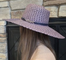 New Coach 18" Floppy Straw Sun Hat Hand Woven Women's Beach Hat Purple Leather