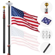 Apluschoice 20ft Telescopic Black Flagpole Kit w/ 136 LED Solar Light Outdoor