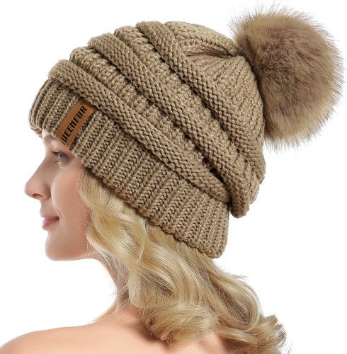 QUEENFUR Women Knit Slouchy Beanie Chunky Baggy Hat with Faux Fur Pompom Winter