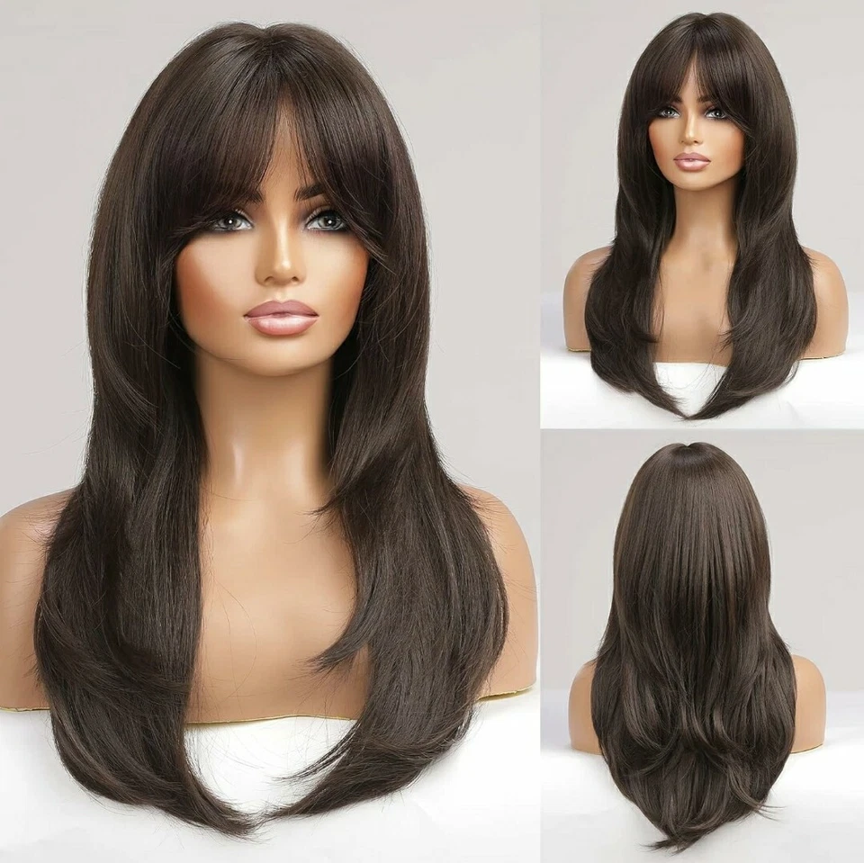 Wig - Human Hair Blend - Long Straight Layered Dark Brown Bangs Heat Resistant - Image 4 of 4