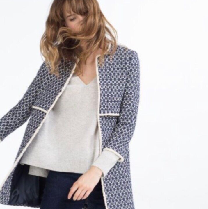 ZARA Jacket M THAT COAT Viral Blue White Fringe Pockets Jacquard