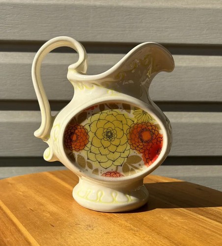 Vintage McCoy Retro Flowers Orange Yellow Scrolls Ceramic Pitcher #7513 8" Mod
