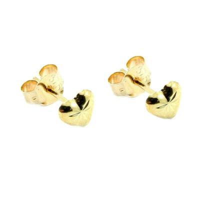 9ct Yellow Gold D/Cut Heart Stud Earrings - UK MADE