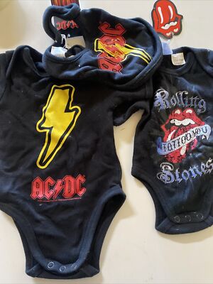ACDC Rolling Stones Baby Infant Jumpsuit Bib Tag 2009