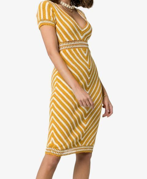 SHE MADE ME Yellow Crochet Dress Small Maalai Chevron Cotton Midi Maxi Knit Open