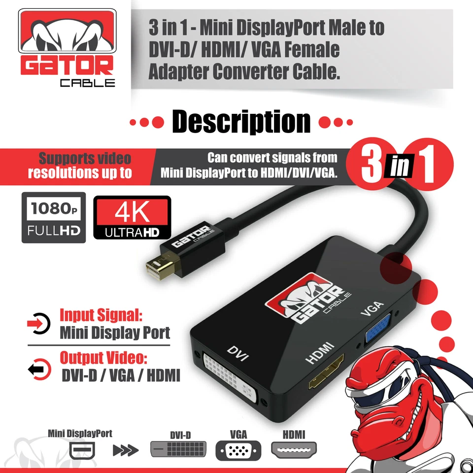 Mini DisplayPort Thunderbolt Male To DVI HDMI VGA Adapter Converter Cable 4 in 1 - Image 4 of 4