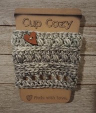 crochet handmade coffee cup drink cozy sleeve heart button gray heather 1pc new