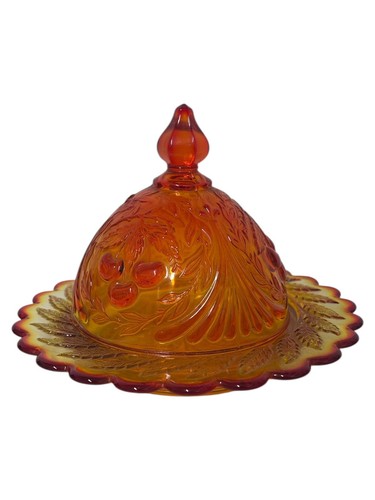 Vintage L. G. Wright Three Cherry Amberina Covered Butter Dish