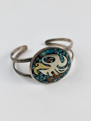 Vintage Sterling Silber Armreif Armband Inlay Türkis Adlerkopf 925 Metalle
