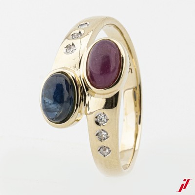 Bague En Or Jaune 14 Carats (585) Avec Rubis, Saphir Et 16 Diamants - Taille 59