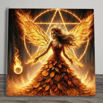 Keramik UV Druck Bild Fliese Plakette ''Fee des Feuers'' Feen 20cm x 20cm