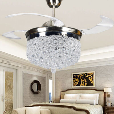 Silver 42'' Crystal Ceiling Fan Led Light Chandelier Remote Retractable Blades US
