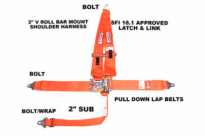 SFI 16.1 RACING HARNESS 5 POINT V ROLL BAR MOUNT 3'' LATCH & AND LINK ORANGE