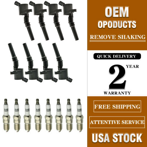 Set of (8) Platinum Spark Plugs + (8) Ignition Coils For 2004-2008 Ford Lincoln
