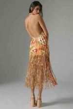 Farm Rio Halter Fringe Dress Anthropologie Coverup Leopard Forest Sand Sz S NEW