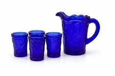 Vintage Cobalt Blue Miniature Glass Pitcher  Tumblers Child  s Tea Set