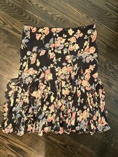 Lauren Ralph Lauren 100 Silk Black Floral Ruffle Skirt Petite Vintage