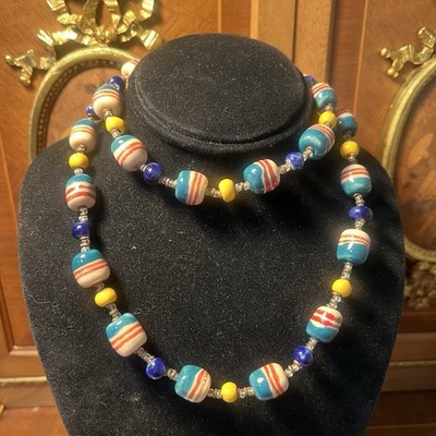 Antique unique rare find Hand Painted Ceramic Porcelain Bead Long Necklace