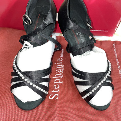 Stephanie Elite Latin Ballroom Dance Black Satin Rhinestone Shoes US 4,5 Heel 3 