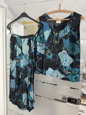 Maak Modell 40 Damen Viskose shirt träger top m Rock Sommer Kostüm Vintage blau 