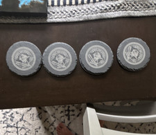 Round Slate Coaster Set 4pc Black/Gray Non-Slip BBQ "Best Dad Ever" Father's Day