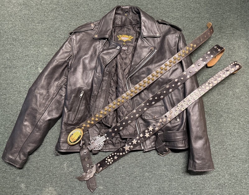 Harley Davidson Leather Jacket, Brand New Leather Chaps & 3 Belts with Buckles