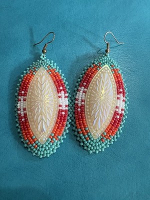 Beautiful Native American Dangle Crystal Beaded Earrings White Blue Pink Large
