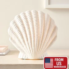 Clamshell Table Lamp 9" Porcelain White Seashell Design with Dimensional Ridges