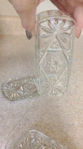 Vintage Anchor Hocking Clear Pressed Cut Glass Covered Butter Dish Star Of David