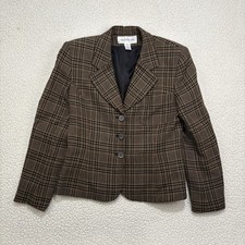 Jones New York Blazer Jacket Lined 3 Button Worsted Wool Plaid Size 8 Black Tan