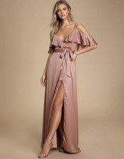 Lulus Moriah Rose Pink Satin Cold-Shoulder Wrap Maxi Long Dress Gown Small