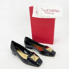 Valentino Garavani Black Patent Leather One Stud Square Toe Ballet Flat EU 38