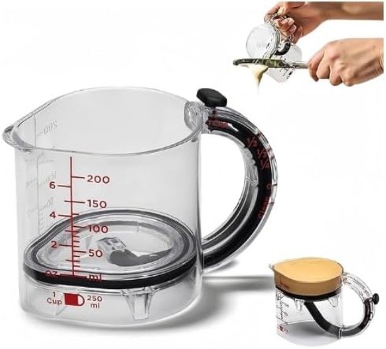 Multi-functional adjustable measuring cup with scraper lid and lift-up base