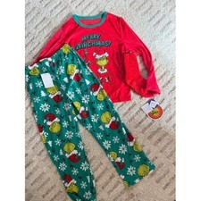 Dr Seuss The Grinch Kids Pajama Set 3pc Red Green Merry Grinchmas Size 8 NEW