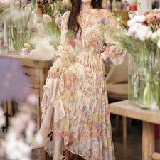 New Spring Printed Floral Womens Stand Collar Dress Long Sleeve Mesh Dress