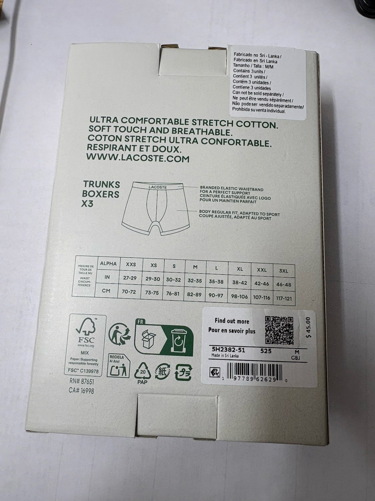 Lacoste Men's Casual Cotton Stretch Boxers Trunks 3-Pack, Medium Size M thumbnail 5