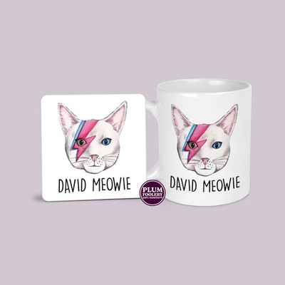 David Meowie Tasse & Untersetzer: Lustiges Bowie Geschenk, Ziggy Stardust Katze 11 Unzen Kaffeetasse