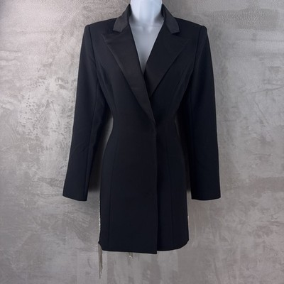 Miss Circle Blazer Dress Womens Size Small Black Rhinestone Fringe Bodycon Party