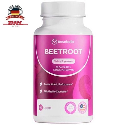 Rosabella Organic Beet Root Powder 1300mg Capsules Supports Blood Pressure 60Ct