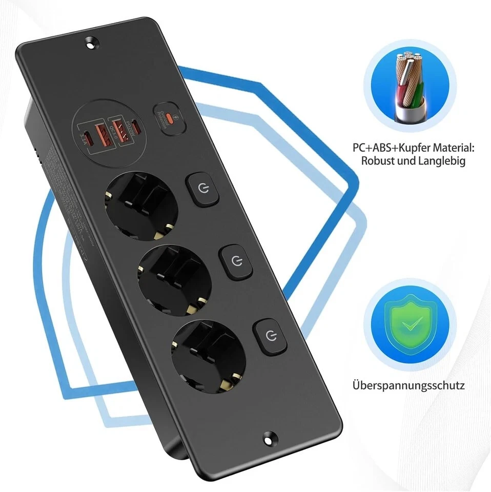 Einbausteckdose Versenkbare Schreibtisch Steckdose Tischsteckdose 3-FACH 2X USB - Bild 2 von 4